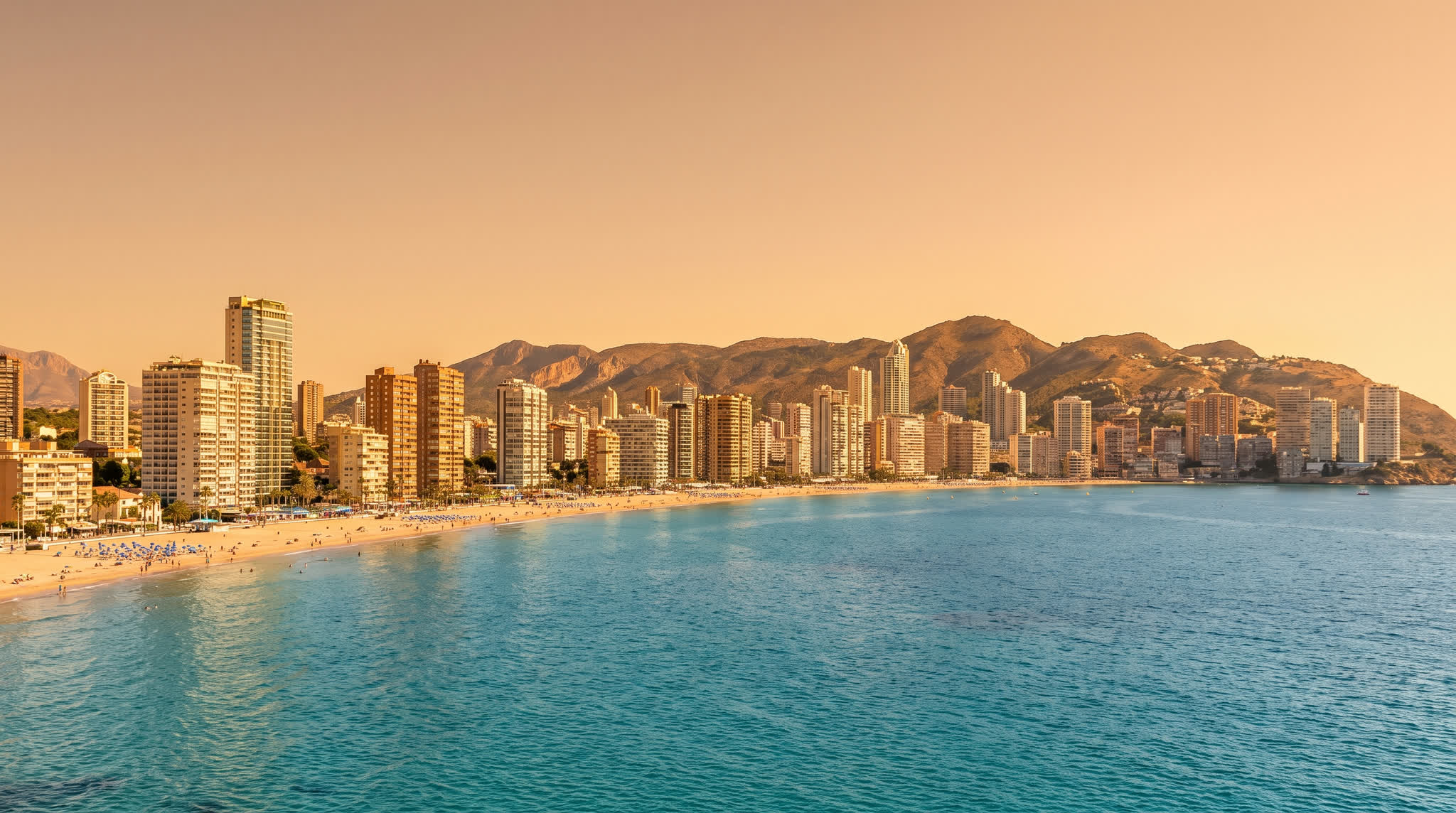 Benidorm skyline with Levante beach and Mediterranean sea, Costa Blanca
