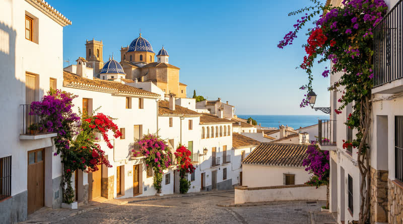 Altea old town with blue dome church and Mediterranean sea views