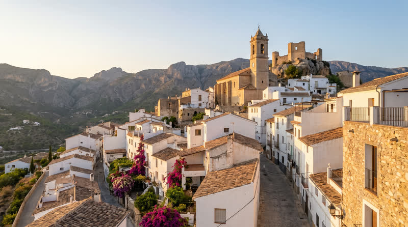 Polop de la Marina hilltop village with mountain backdrop, Costa Blanca