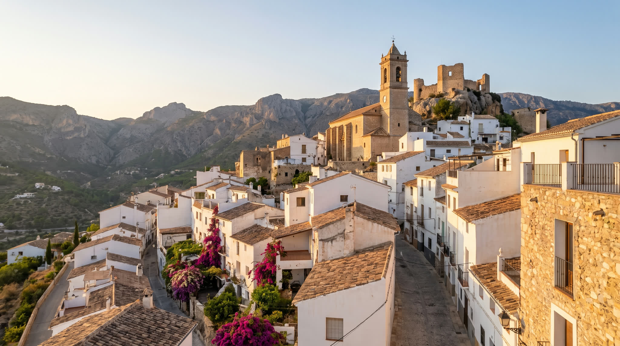 Polop de la Marina hilltop village with mountain backdrop, Costa Blanca