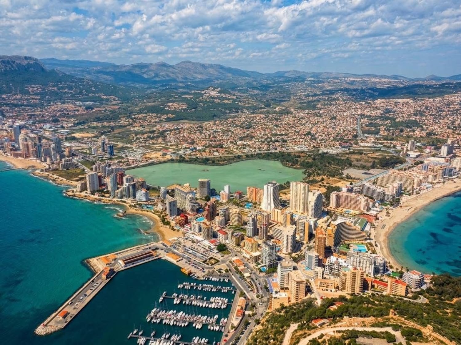 Calpe from the air: two bays, the salt lake and the harbour, Costa Blanca