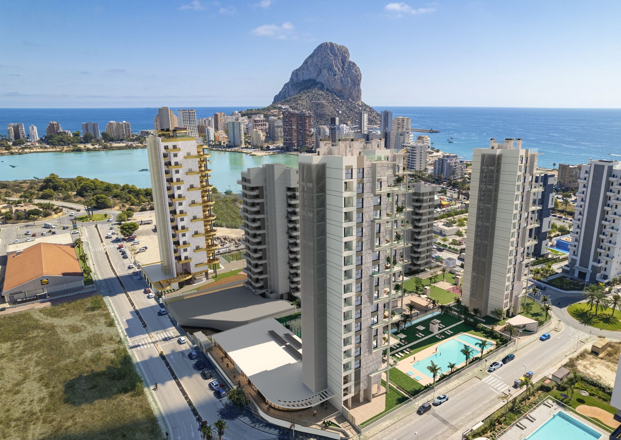 Render of the towers from the air, with the salt lake and the Peñón de Ifach behind
