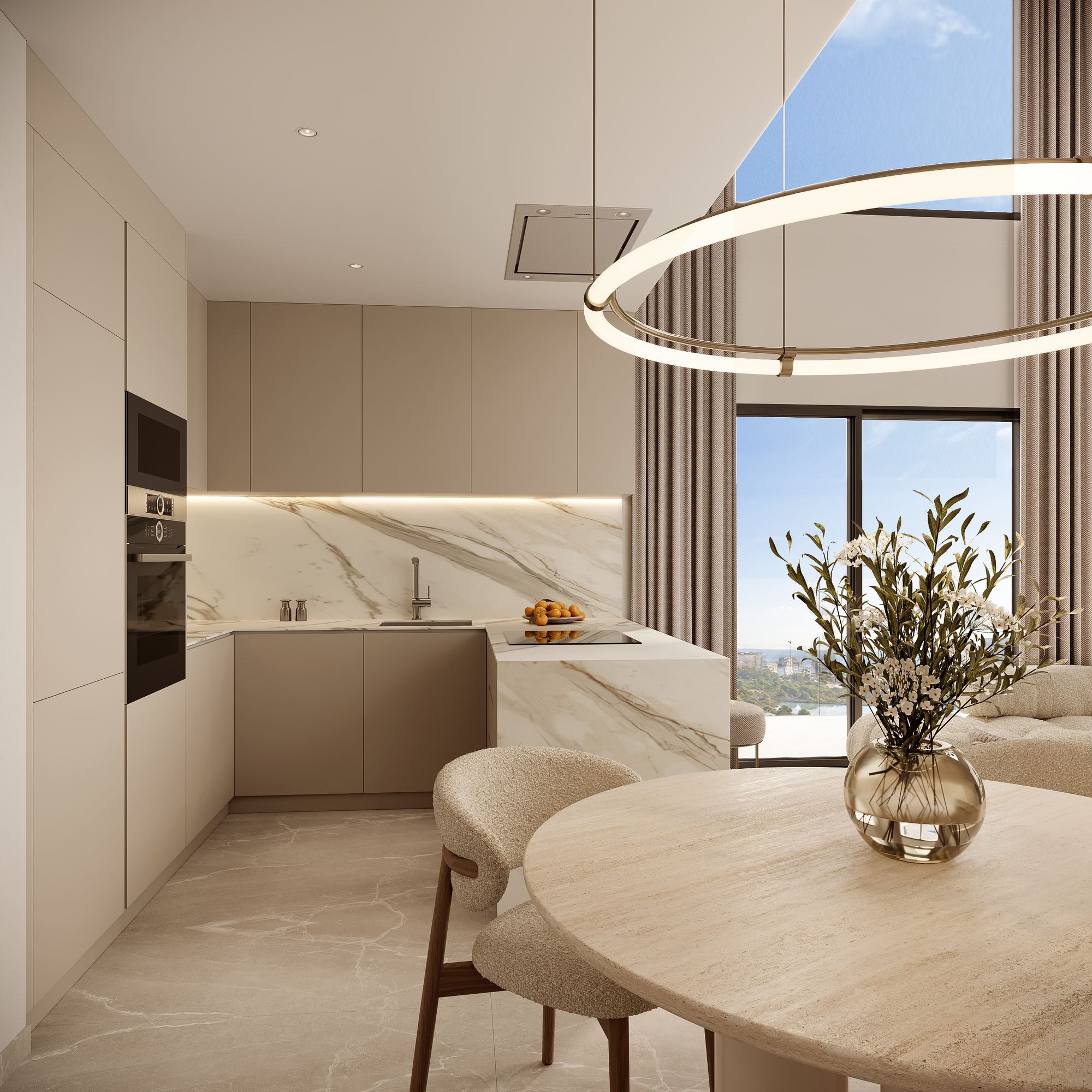 Render of a kitchen with a stone-effect worktop