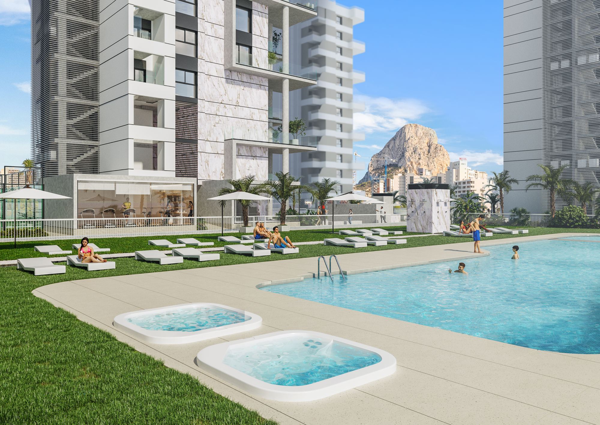 Render of the pool and the jacuzzis, with the Peñón de Ifach behind