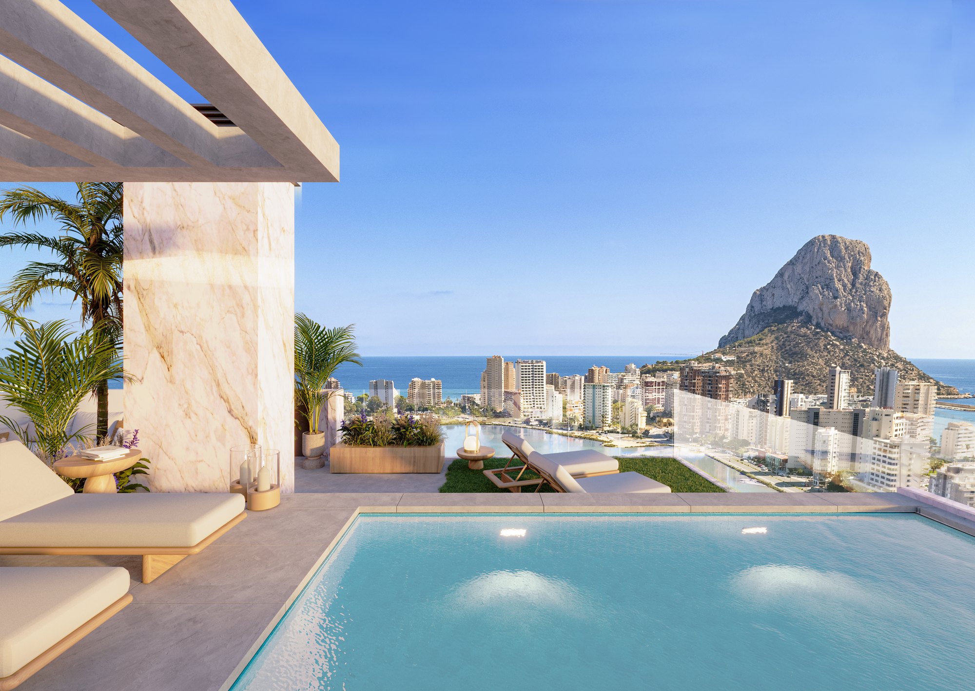 Render of a solarium on a roof, with its pool and the Peñón de Ifach behind