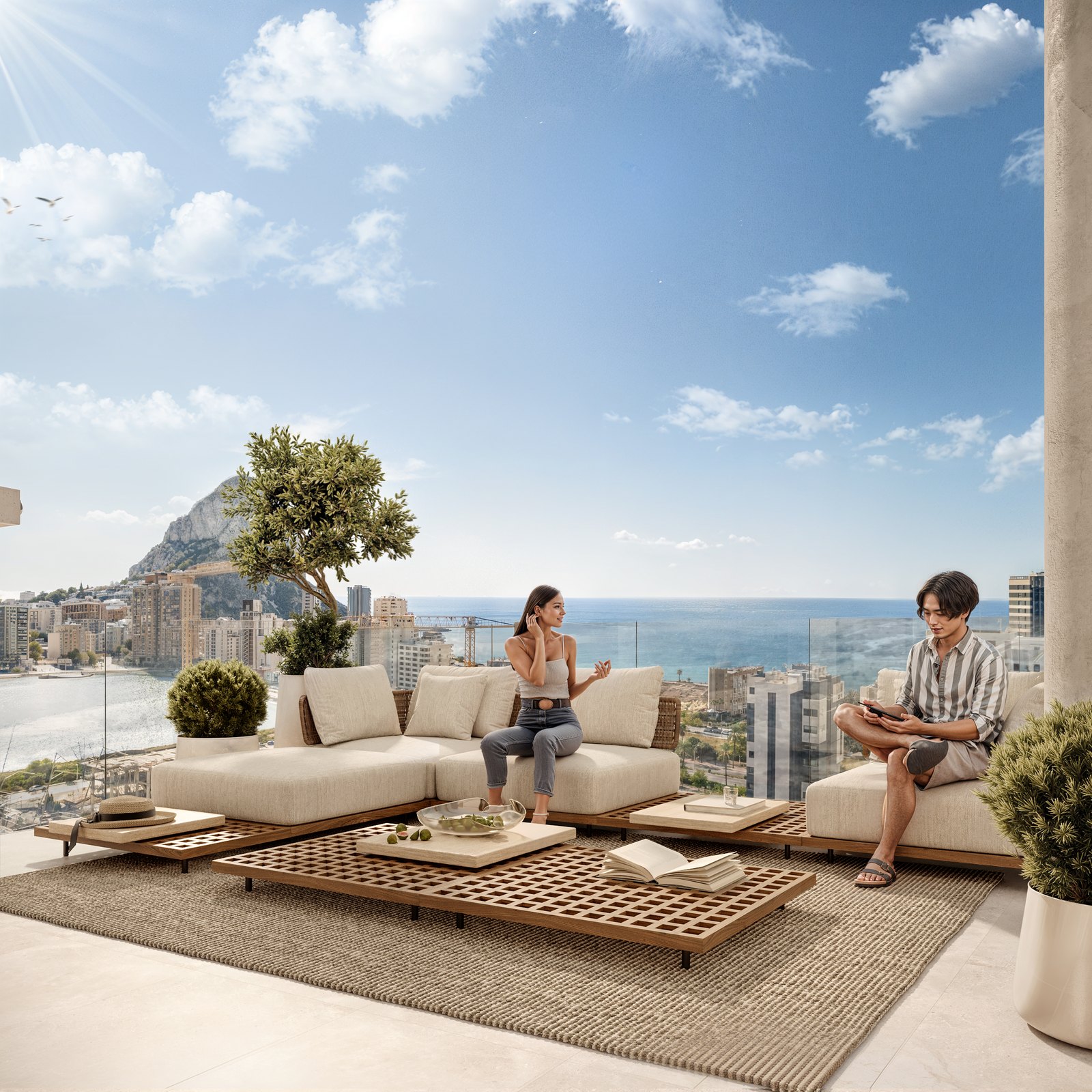 Render of a terrace high in the towers, with the sea and the Peñón de Ifach behind