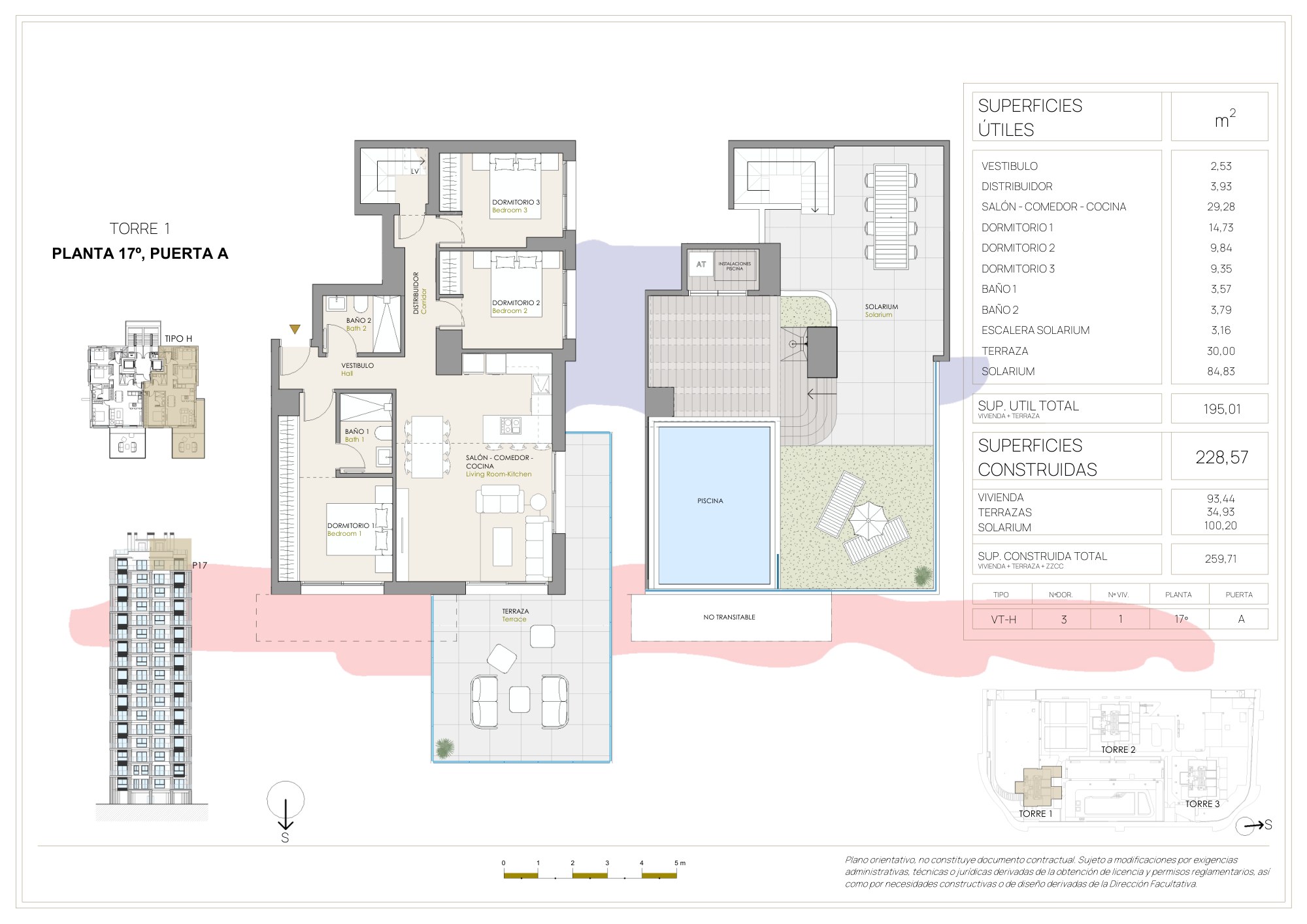 Floor plan of Torre 1, 17A, with the apartment, its terrace and the solarium on the roof