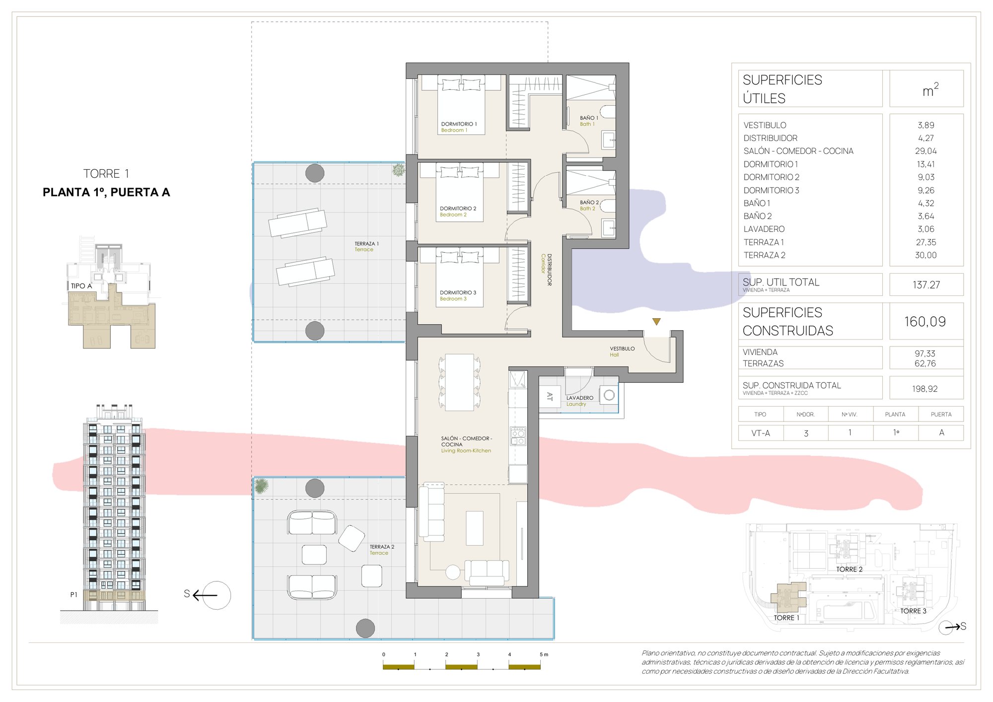 Floor plan of Torre 1, 1A, with its two terraces and the area of each room