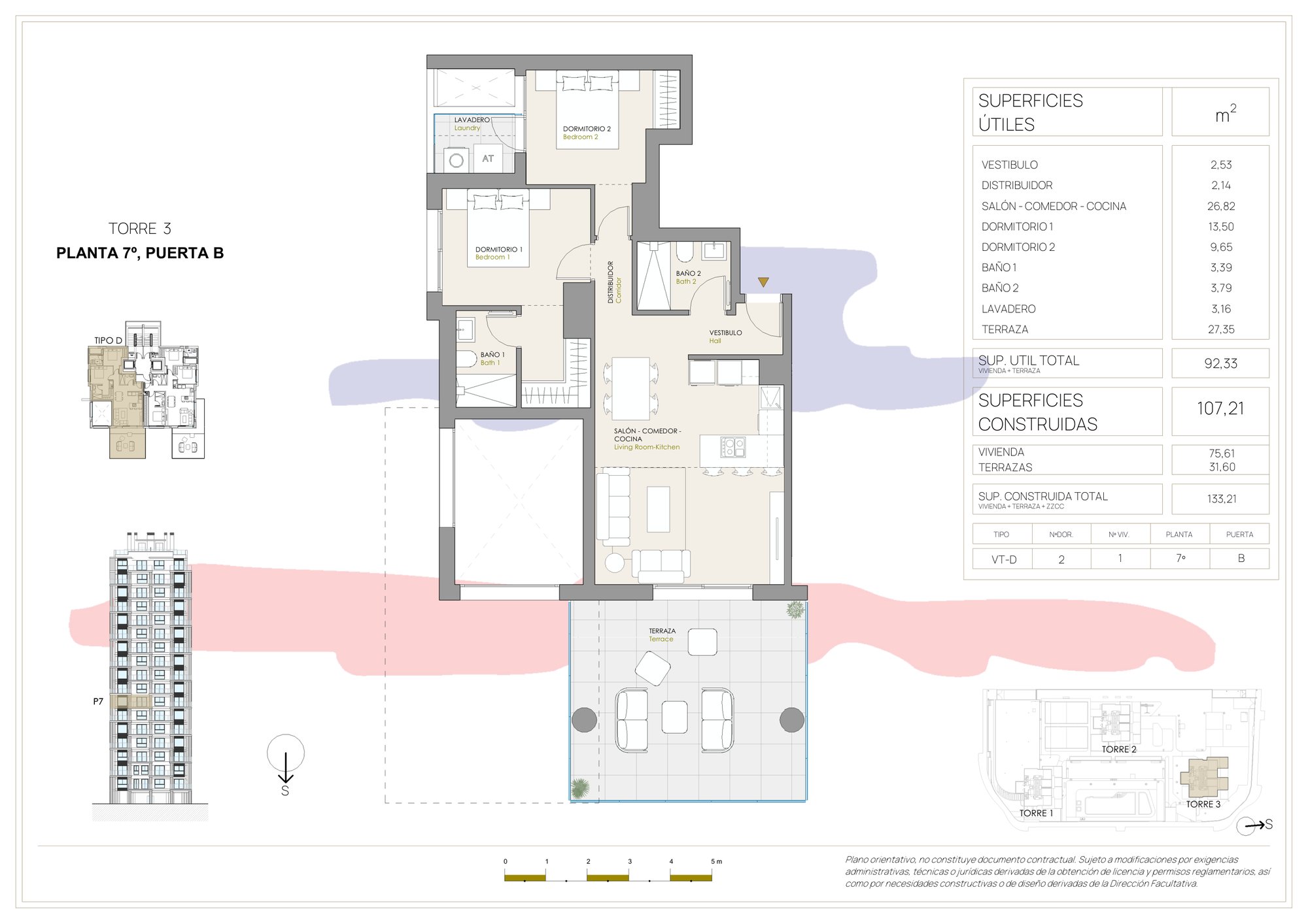 Floor plan of Torre 3, 7B, with the area of each room
