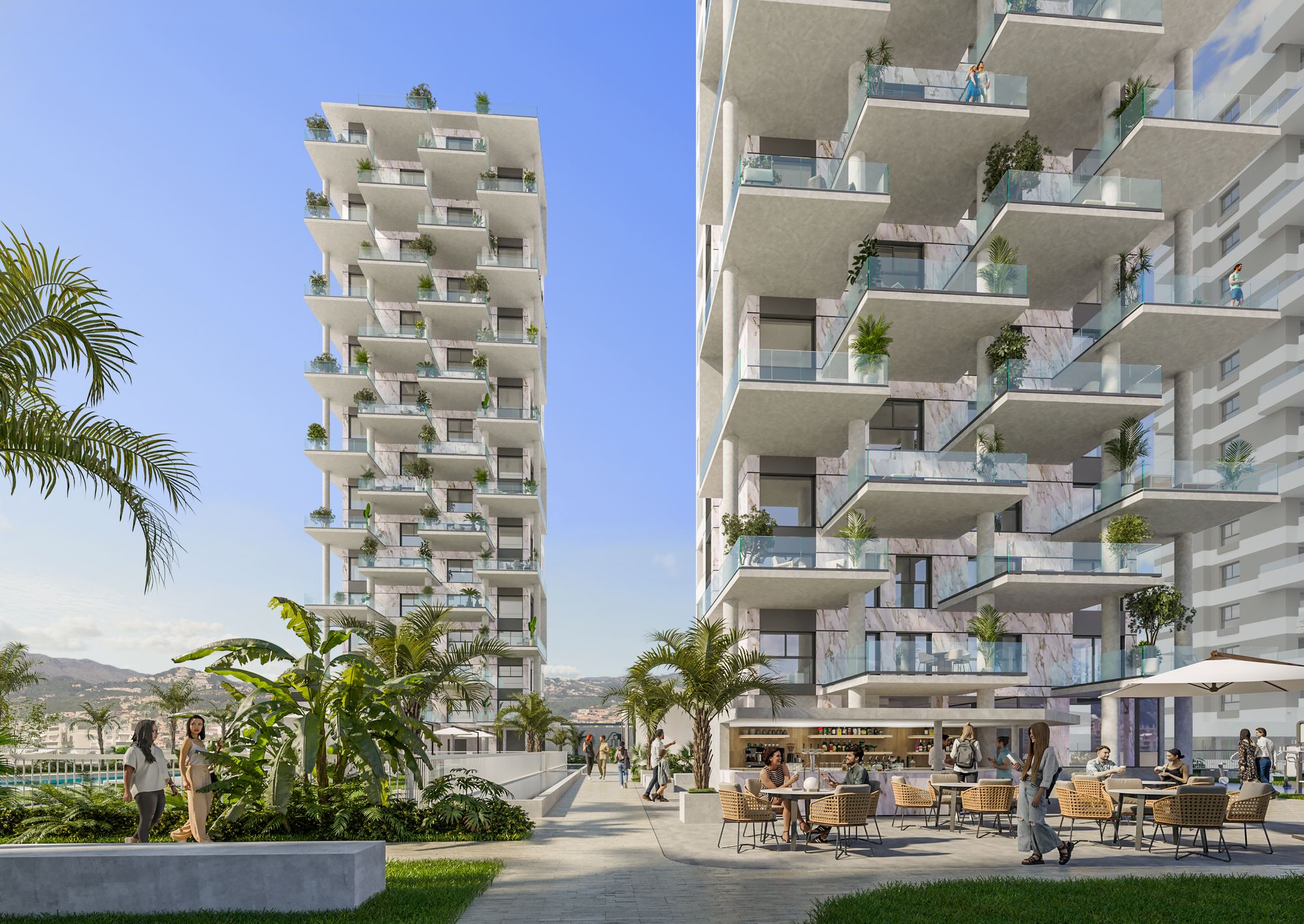 Image de synthèse des tours et de leurs terrasses, vues du jardin