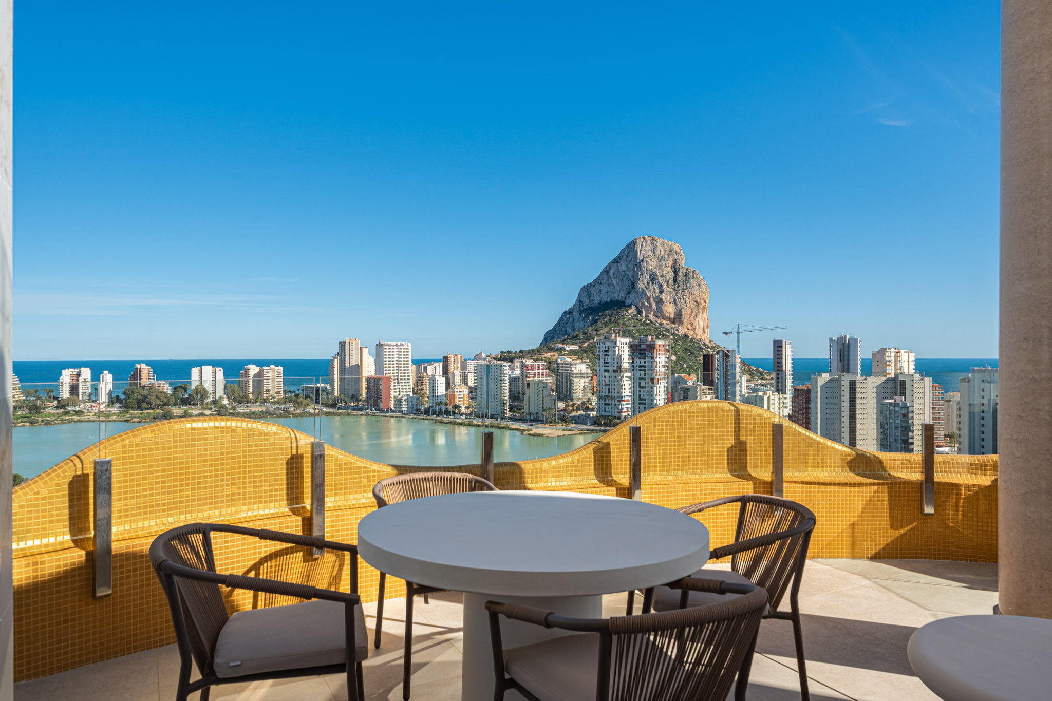 The terrace, looking over the salt lake and the town to the Peñón de Ifach