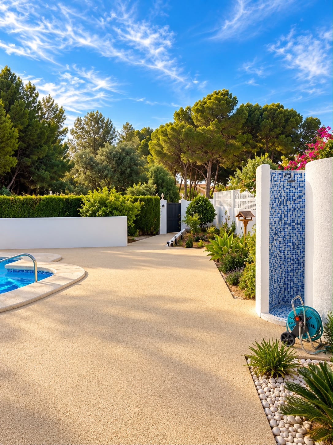 The sun terrace, the outdoor shower and the garden