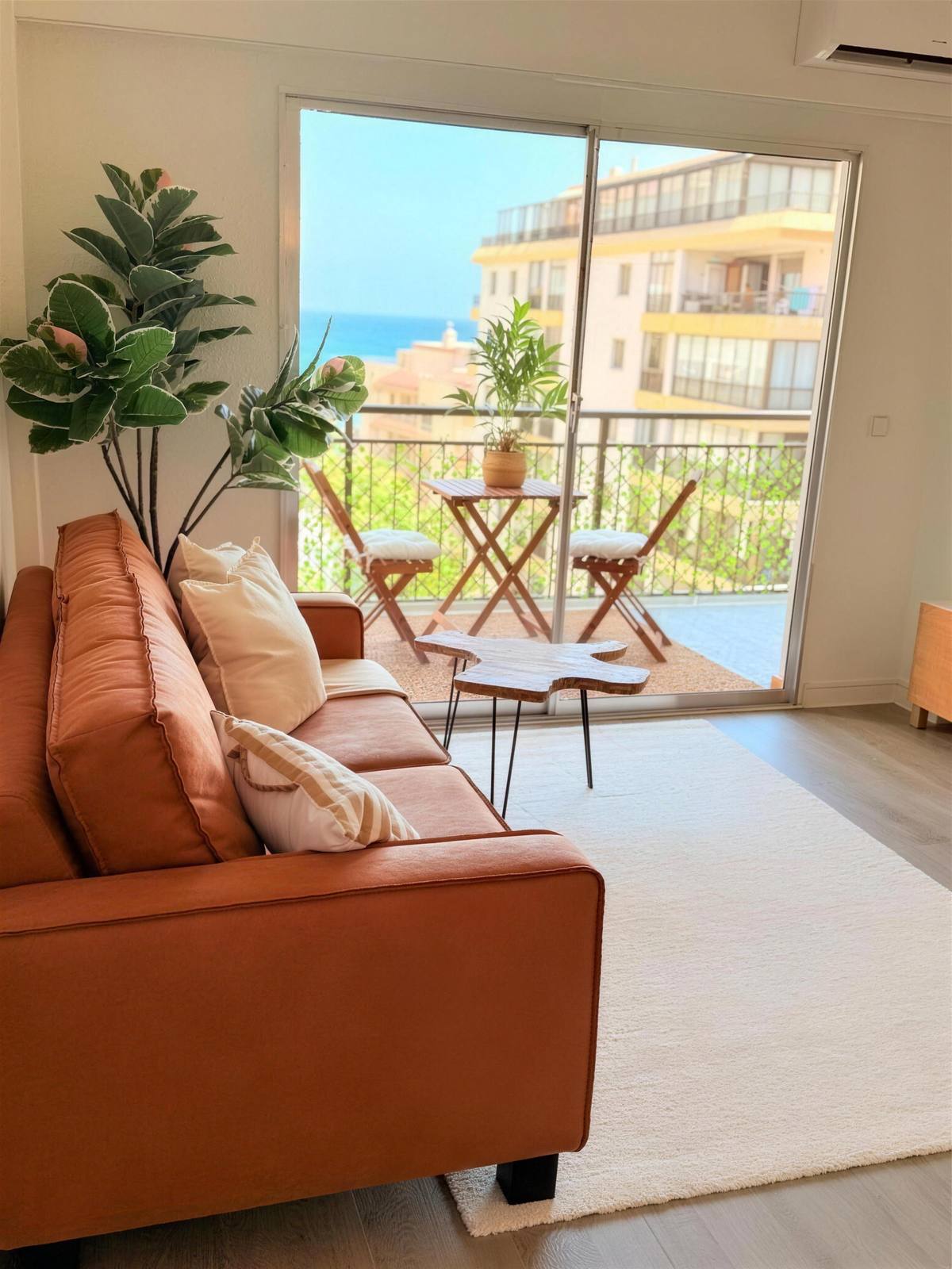 Living room opening onto the balcony, with the sea beyond